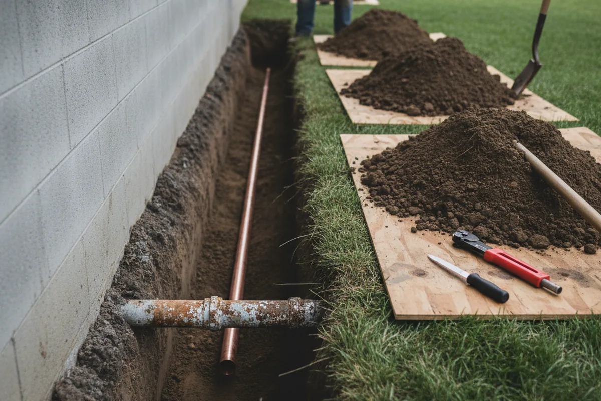 Excavated water line trench during Water Softener Installation in Ash Fork